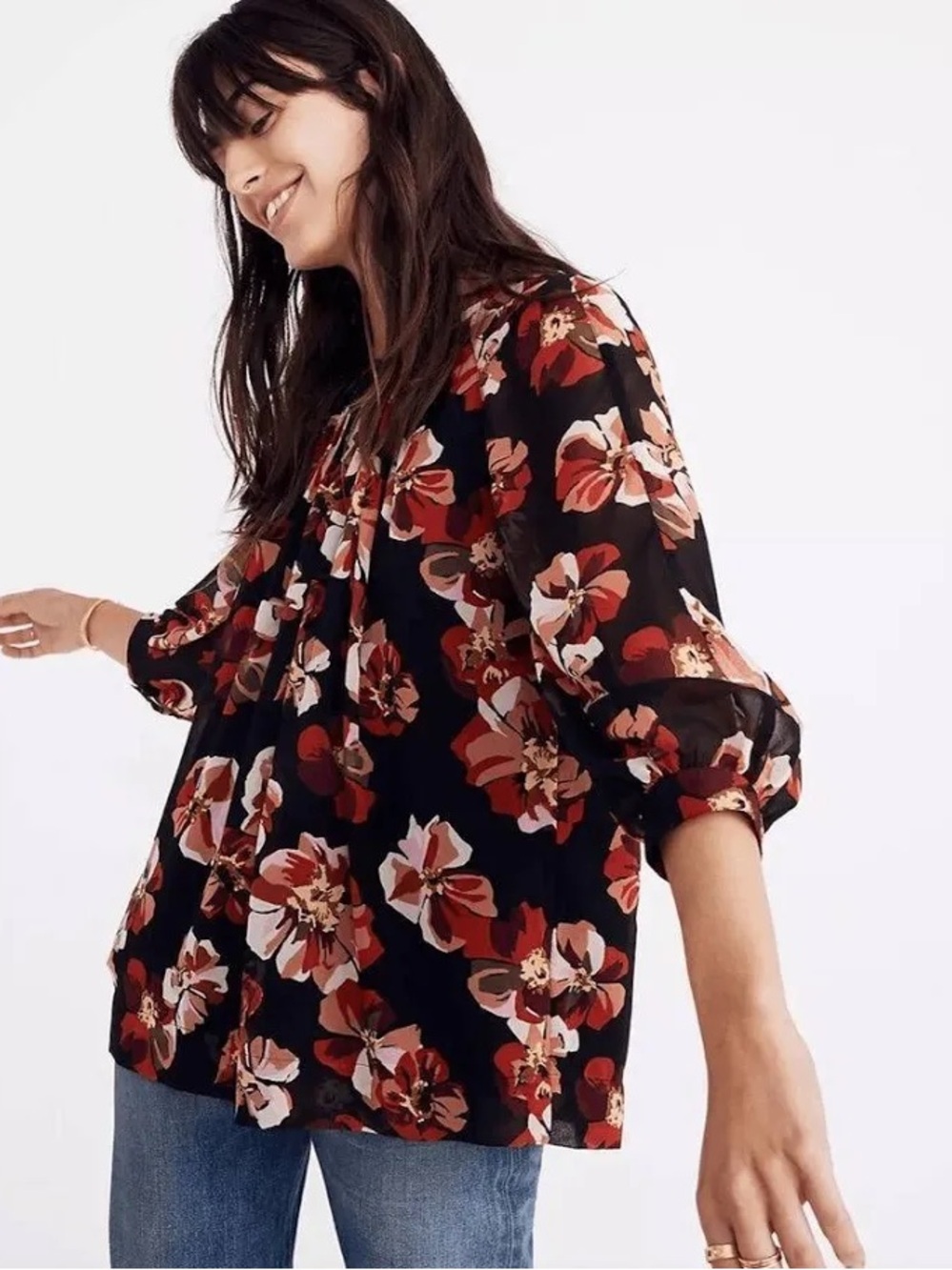 Madewell Black Floral Blouse with Red and Cream Blooms